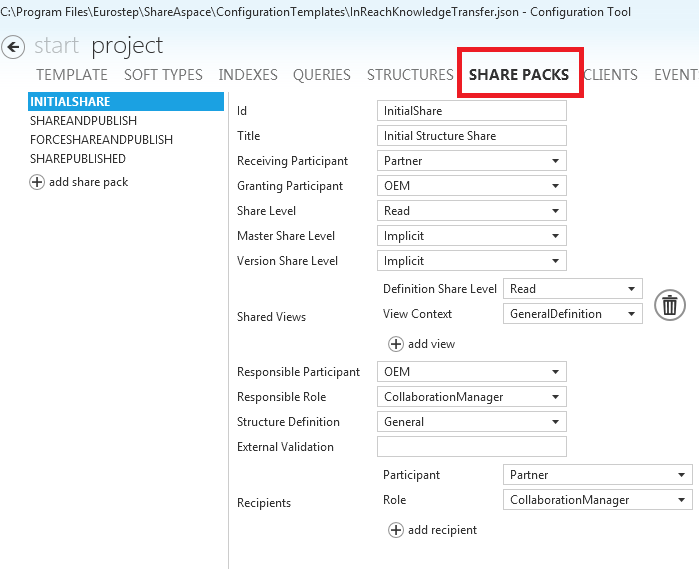 Share-pack definitions in the template Share-pack definitions in the template