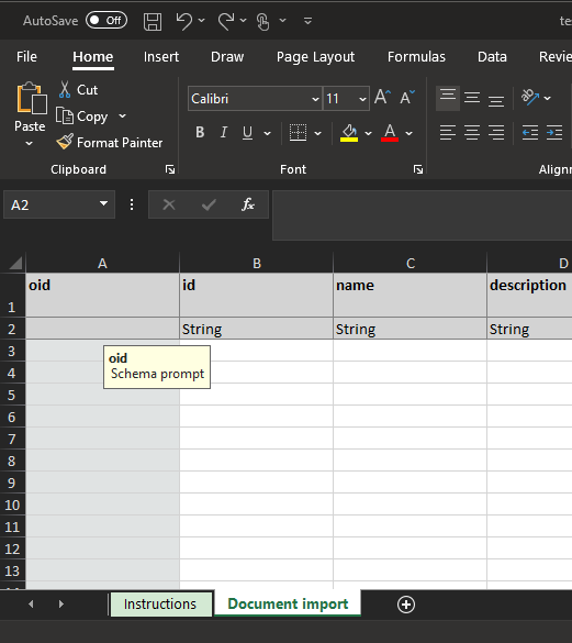 Excel schema prompt