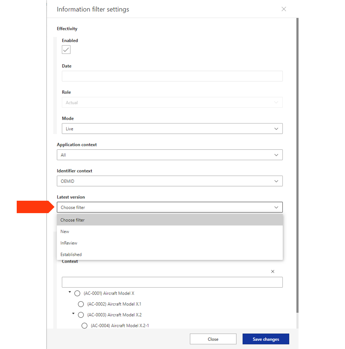 Information filter settings