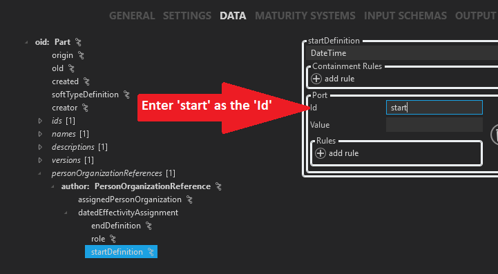 Enter 'start' as the 'Id'